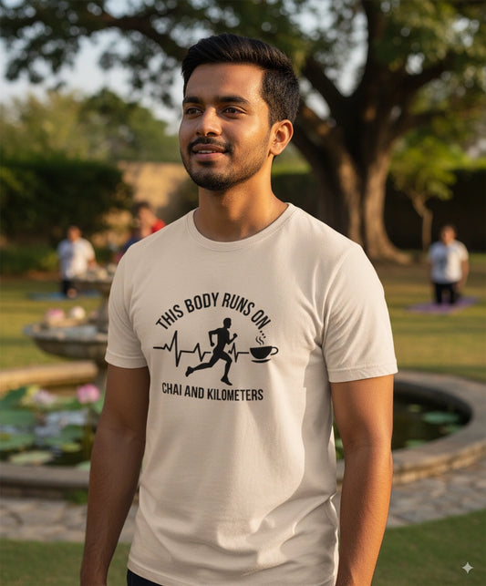 This body runs on chai and KMs Tshirt