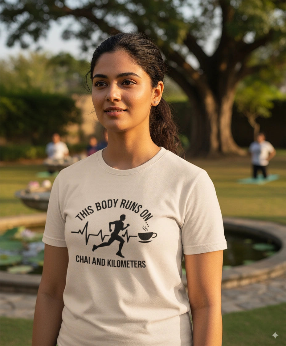 This body runs on chai and KMs Tshirt