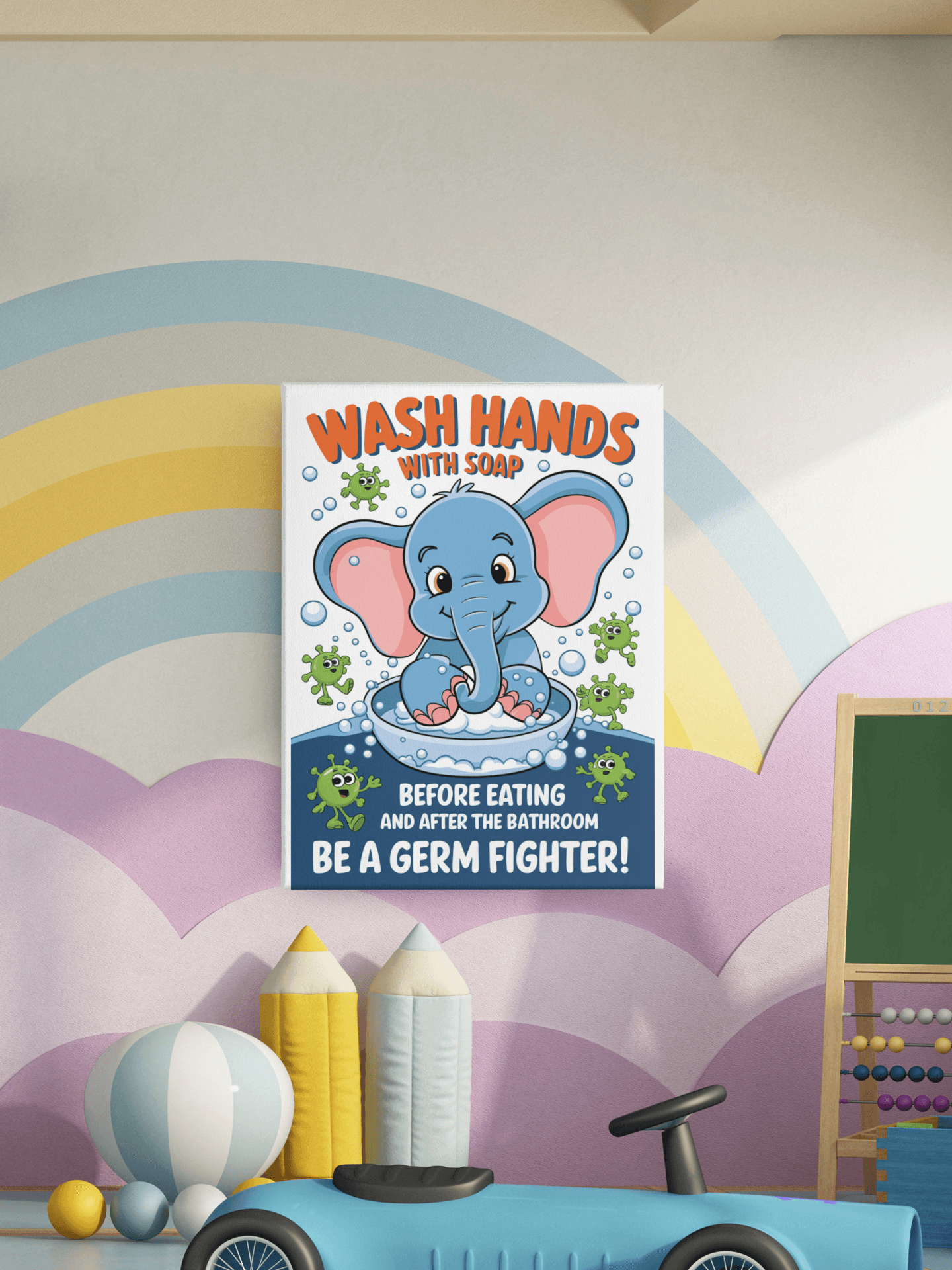 Wash Hands - Kids Poster with self adhesive strips