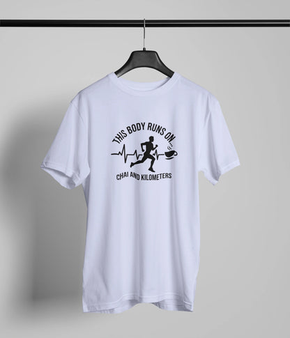 This body runs on chai and KMs Tshirt